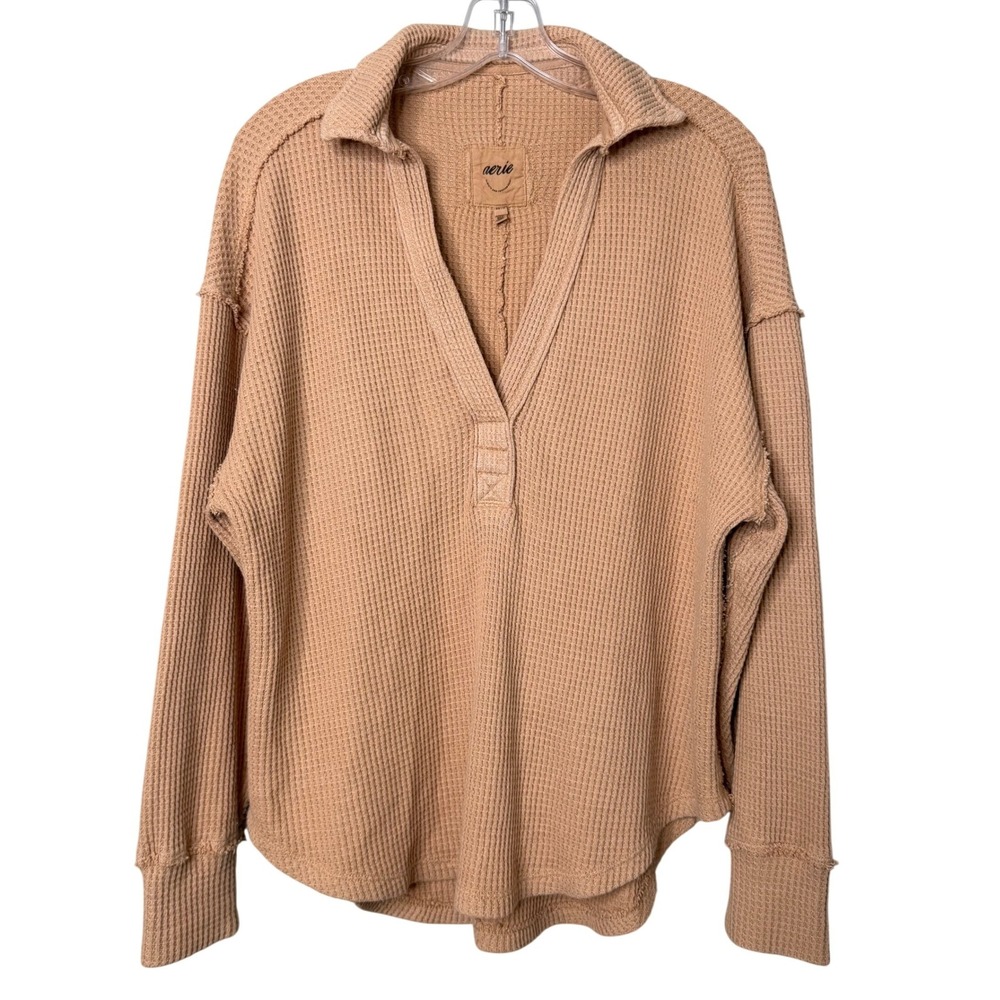 Aerie LumberJane Waffle Polo Oversized‎ Sweater Womens XS Toasted V Neck Baggy